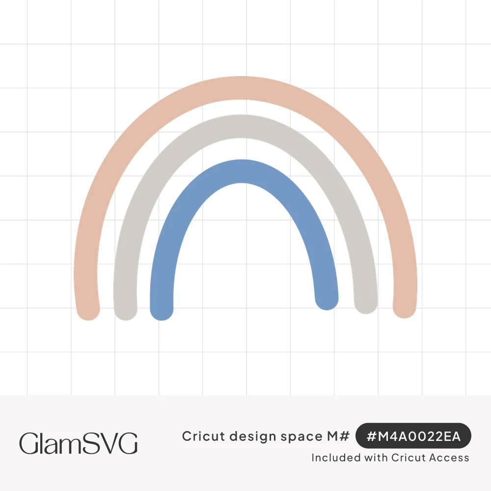Minimalist boho rainbow with three thick rounded arcs in muted peach, warm gray and dusty blue on a white background