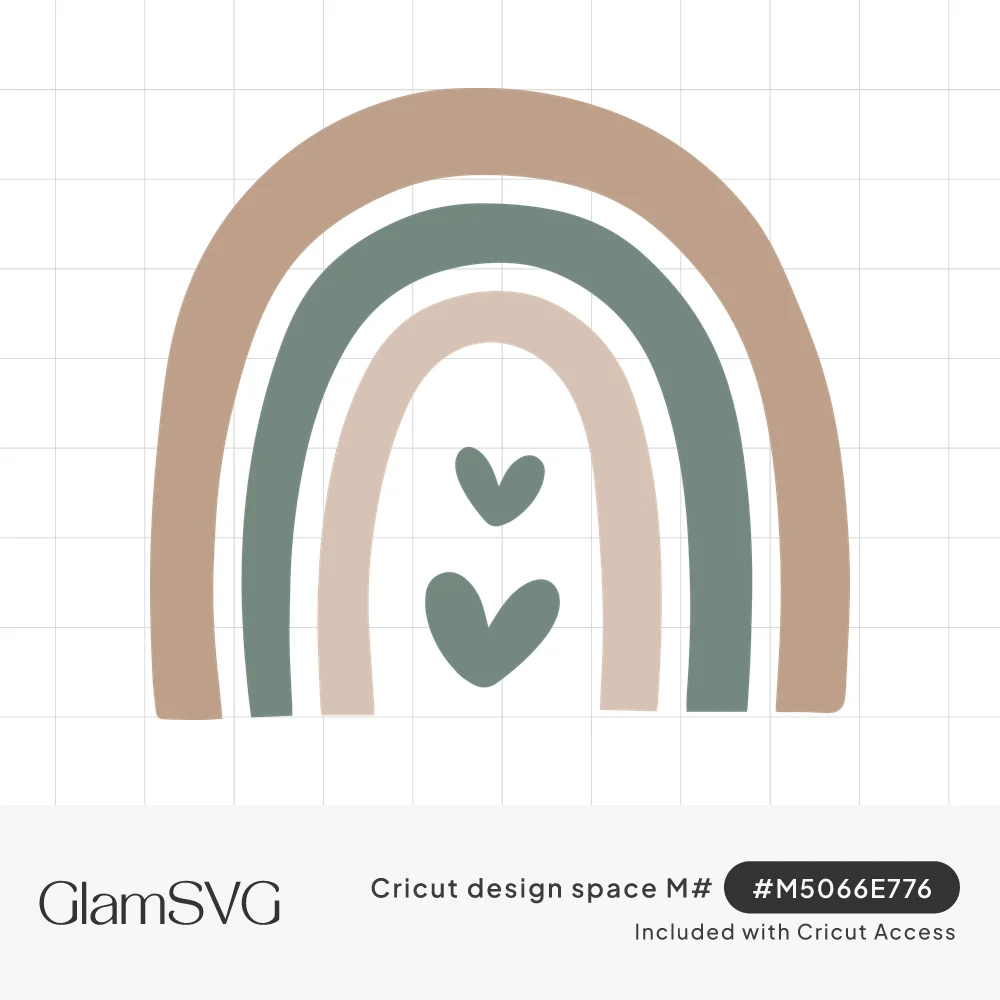 Boho rainbow with tan, sage green and blush arches framing two small sage green hearts in the center