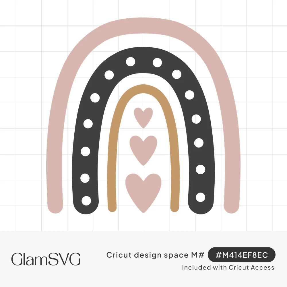Boho rainbow with dusty pink, charcoal polka dot and mustard arches surrounding three stacked pink hearts