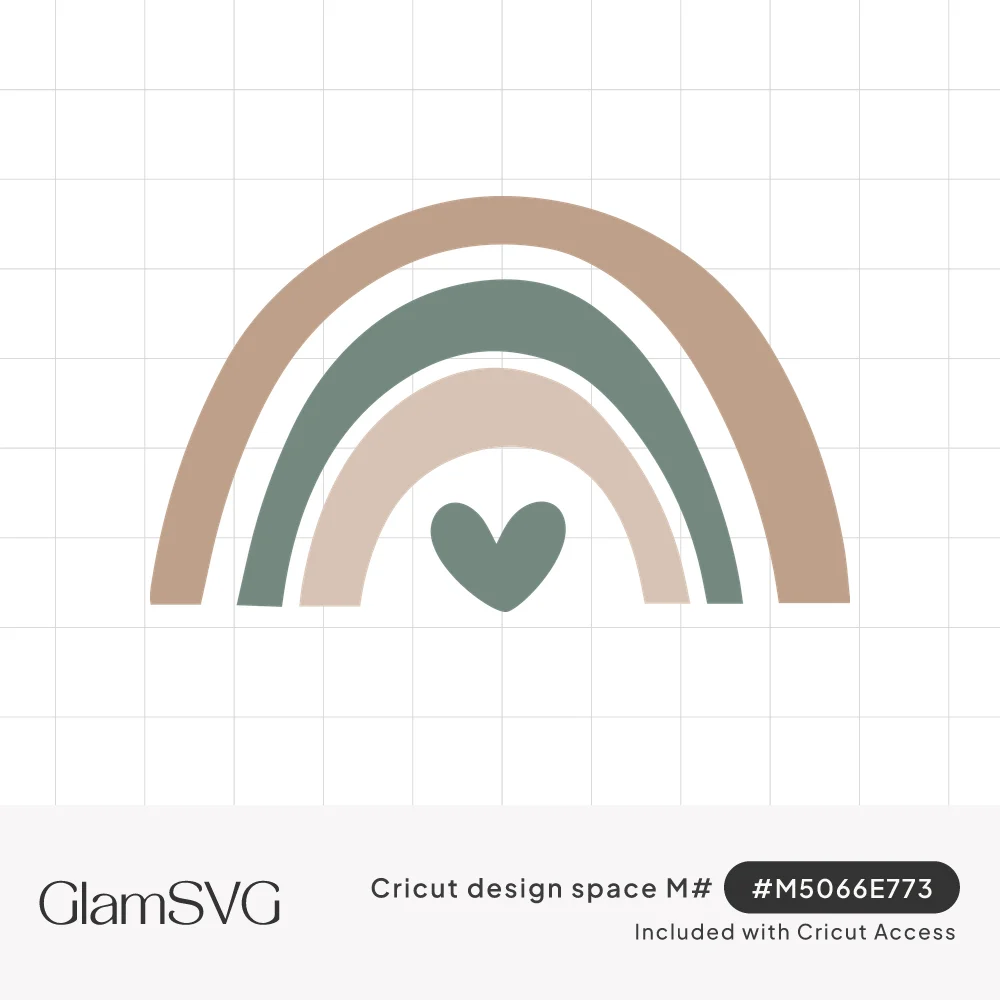 Three-band boho rainbow in tan, sage green, and blush with a small sage green heart beneath the arches