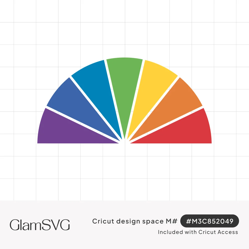 Half circle divided into seven rainbow wedges in purple, blue, green, yellow, orange and red