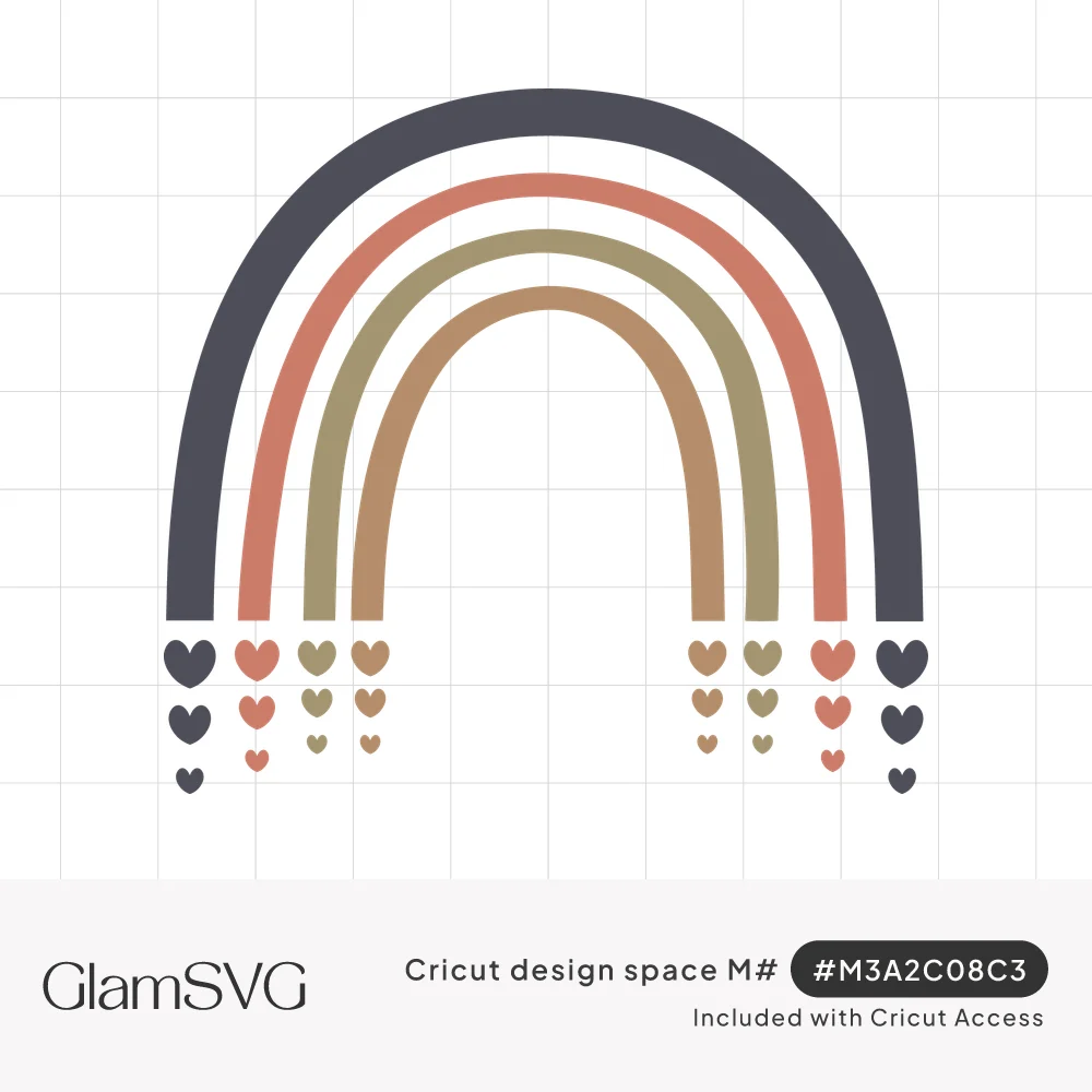 Boho rainbow of four arches in charcoal, terracotta, sage and tan with small hearts falling below each band