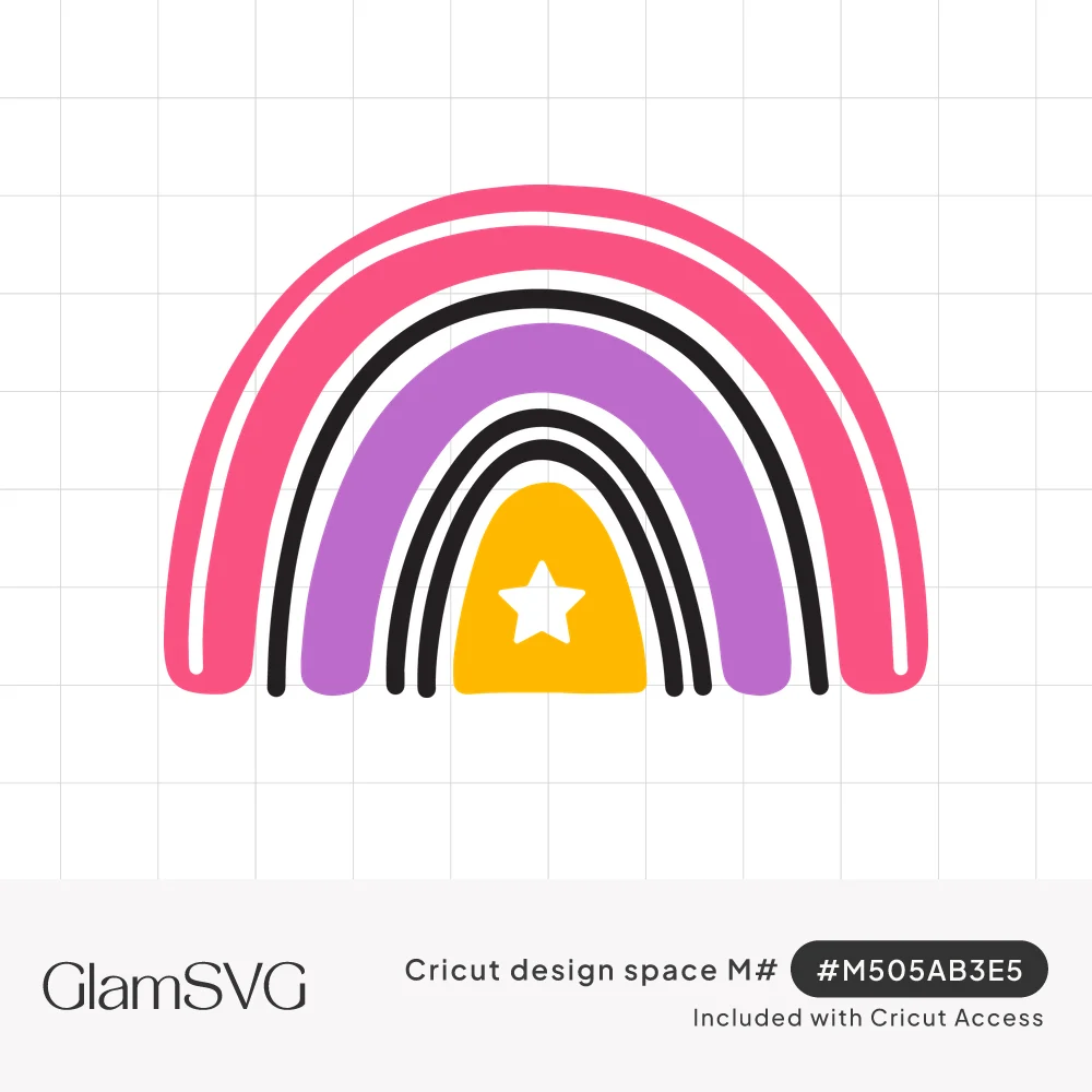 Boho rainbow with pink and purple arches, black stripes, and a yellow center featuring a white star