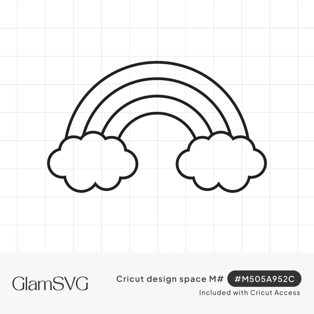 Black outline drawing of an arched rainbow with a puffy cloud at each end on a white background