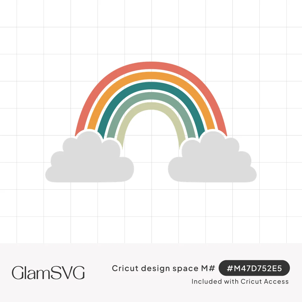 Five-band rainbow in coral, mustard, teal, sage and pale green arching between two light gray clouds