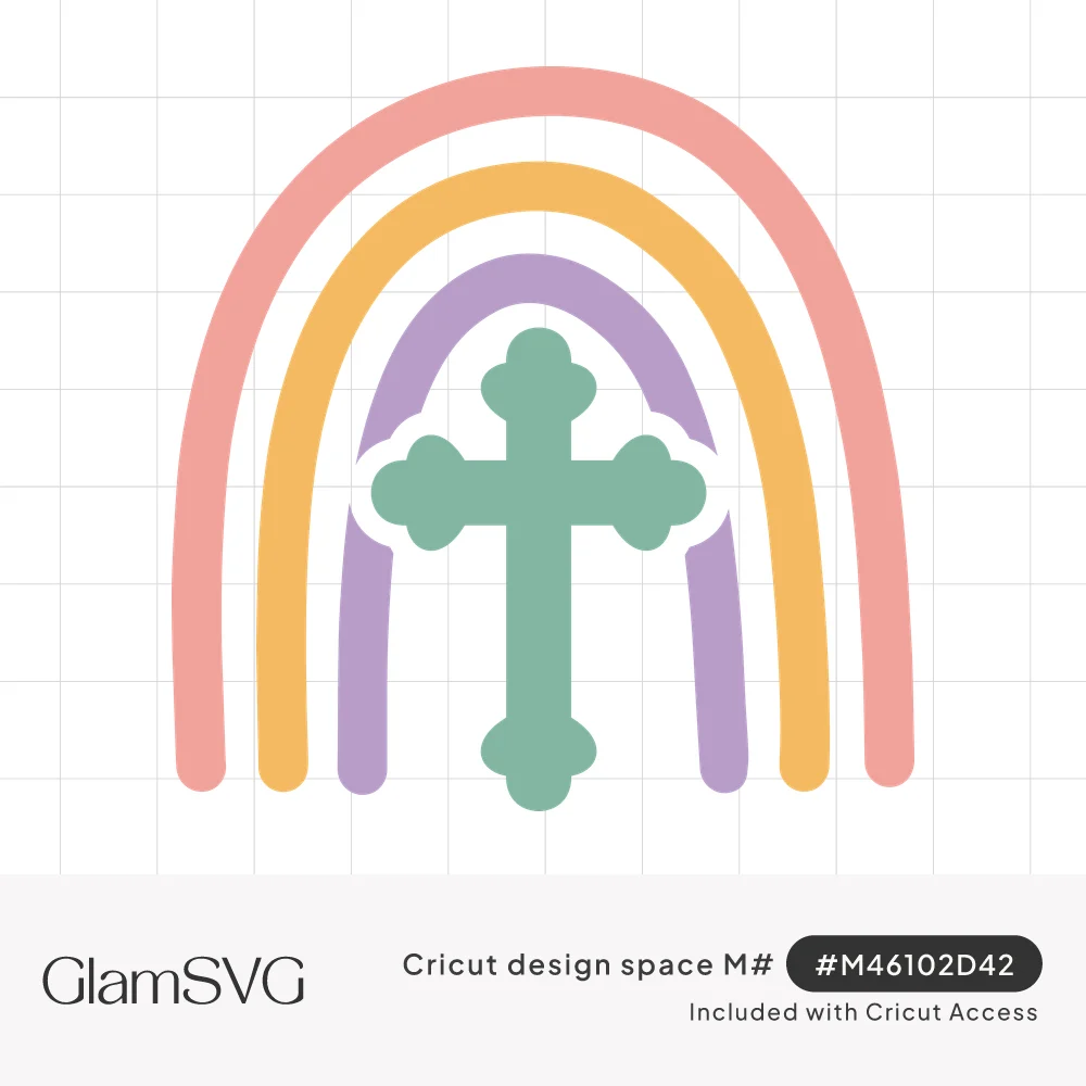 Pastel pink, yellow and lavender rainbow arches framing a sage green cross with rounded budded ends