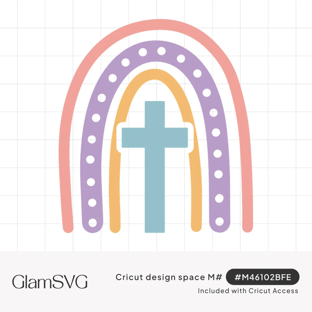 Pastel boho rainbow with coral, dotted lavender and yellow arches framing a light blue Christian cross