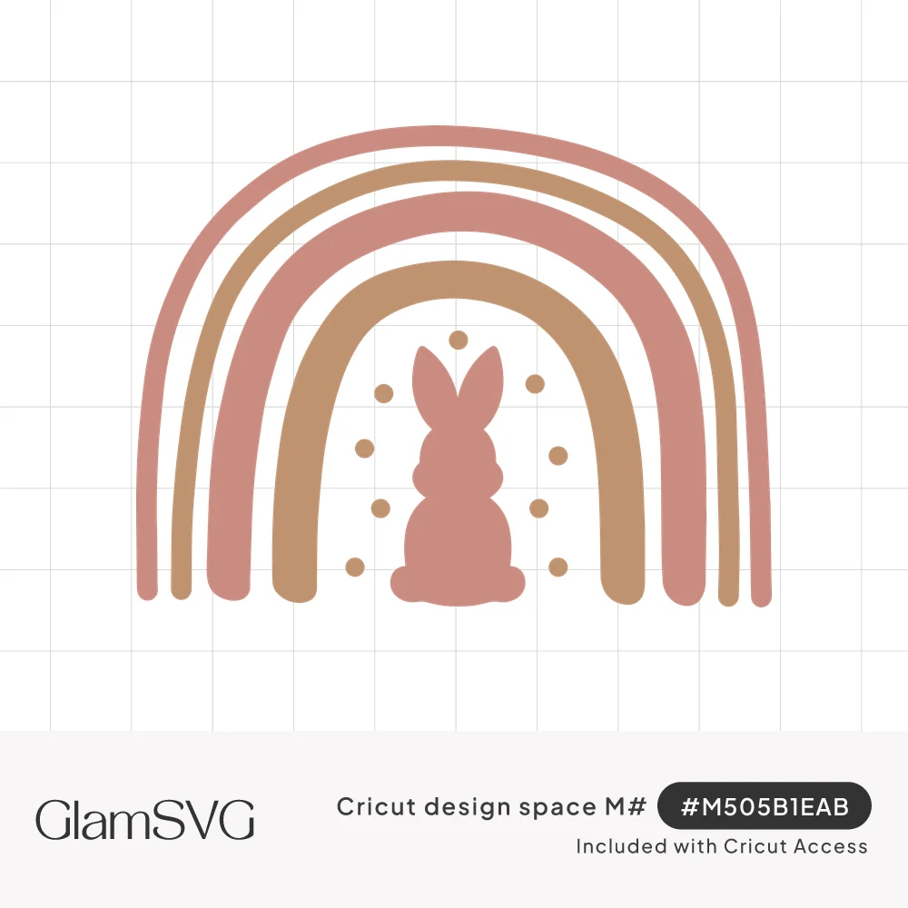 Boho rainbow in dusty rose and caramel arching over a pink bunny silhouette surrounded by small dots