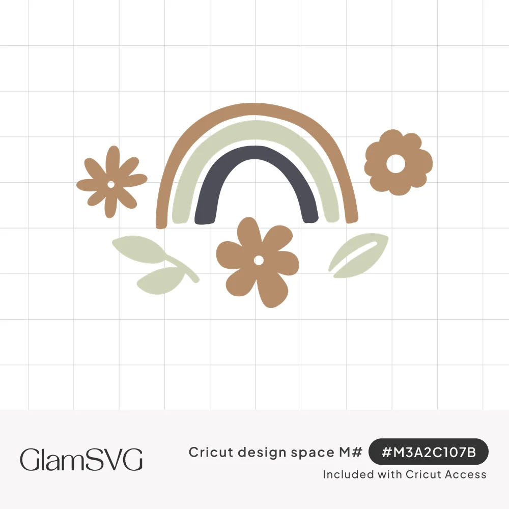 Three-band boho rainbow in tan, sage and charcoal with tan flowers and sage green leaves around it