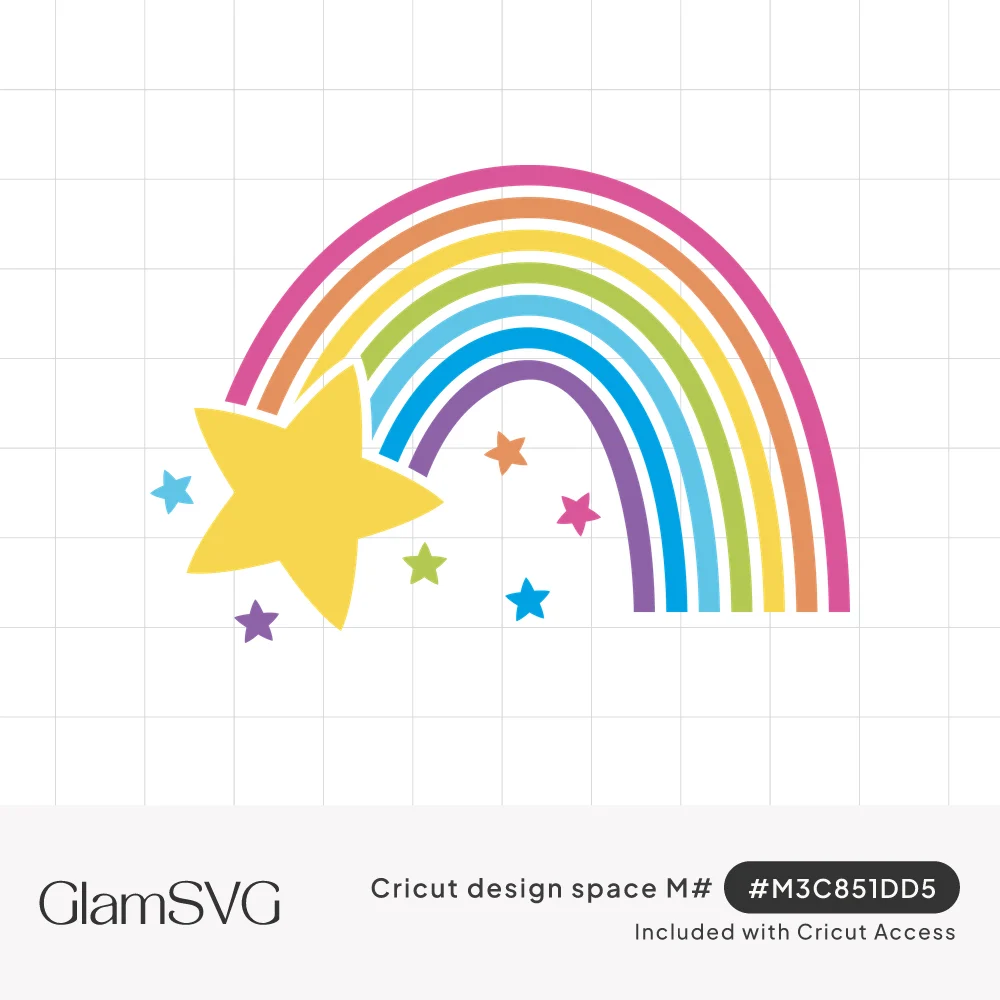Colorful striped rainbow arch with a large yellow star at its base and small multicolored stars scattered around