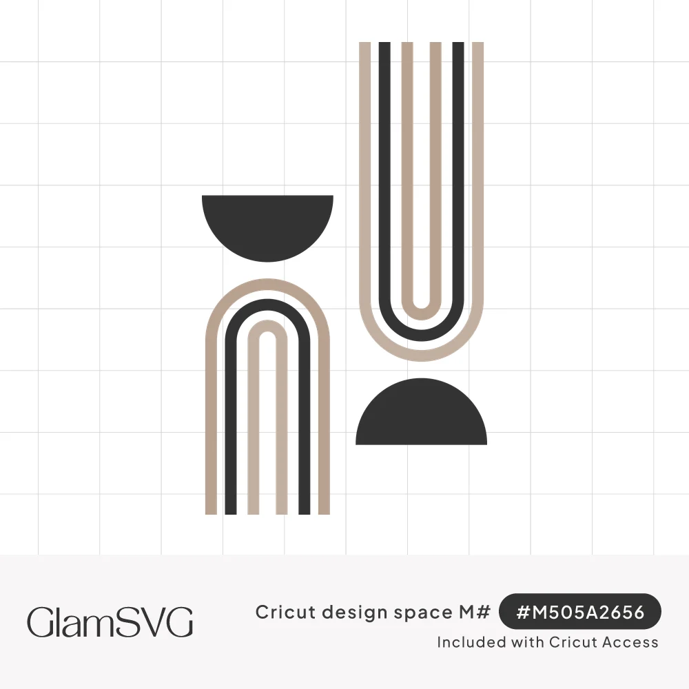 Two mirrored striped arches in tan and charcoal with solid black half circles in a modern boho layout