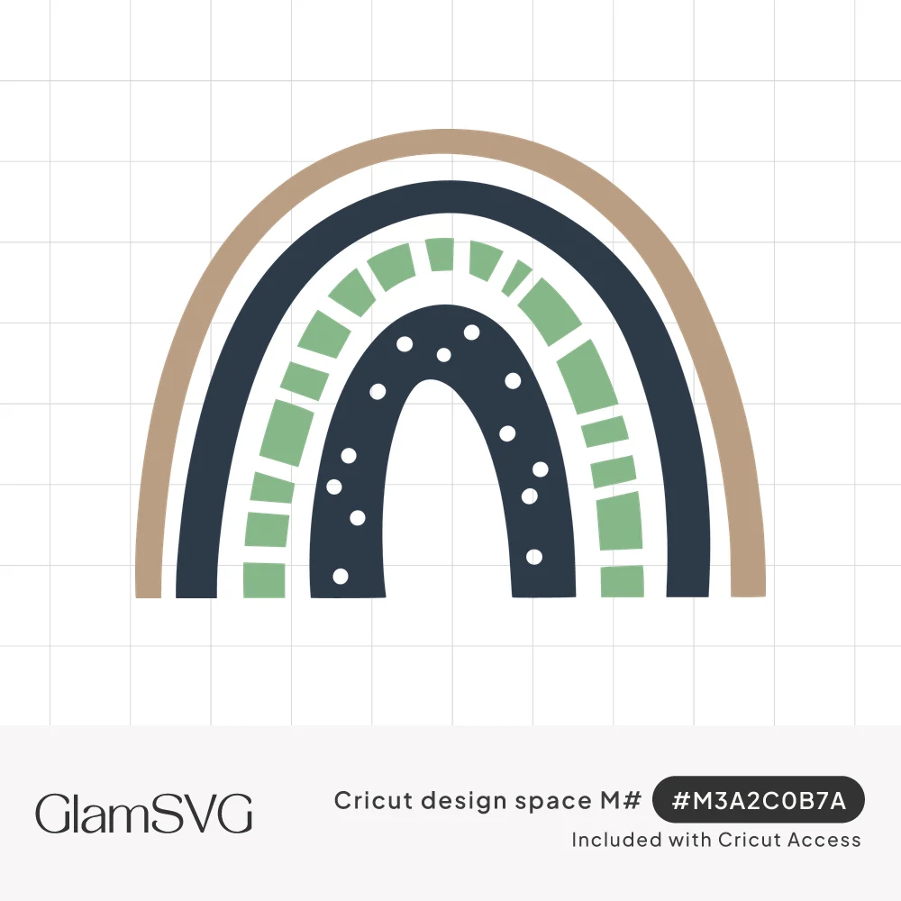 Boho rainbow with tan outer arch, navy bands, dashed sage green stripe and navy inner arch with white dots