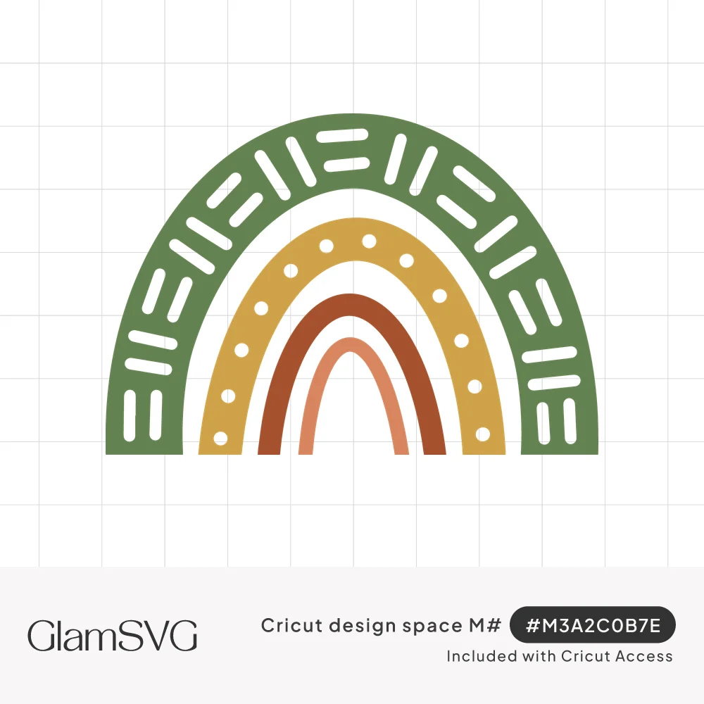 Boho rainbow with four arches in sage green, mustard, rust and terracotta, decorated with white dashes and dots