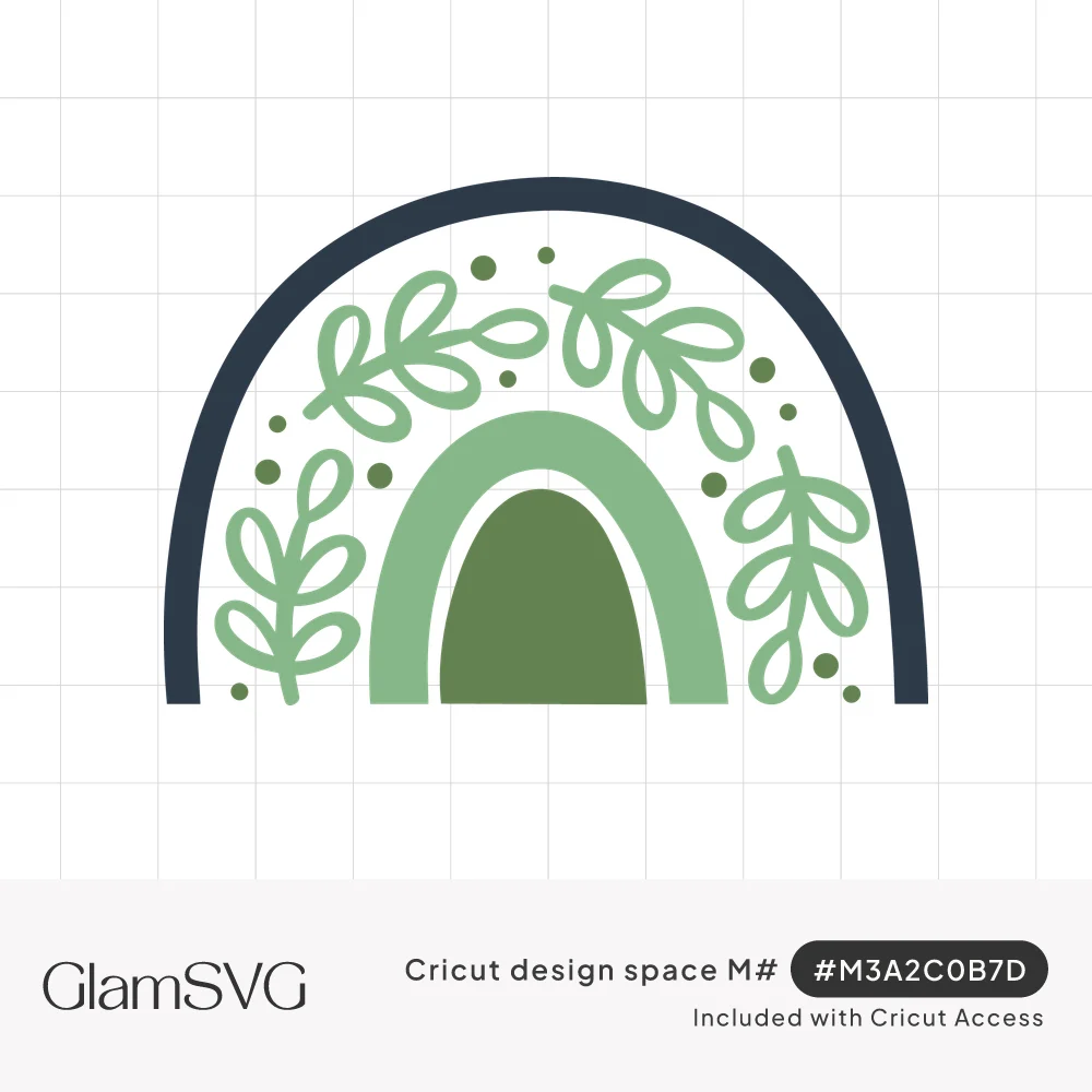 Boho rainbow with sage and forest green arches, leafy sprigs, small dots and a navy outer arch
