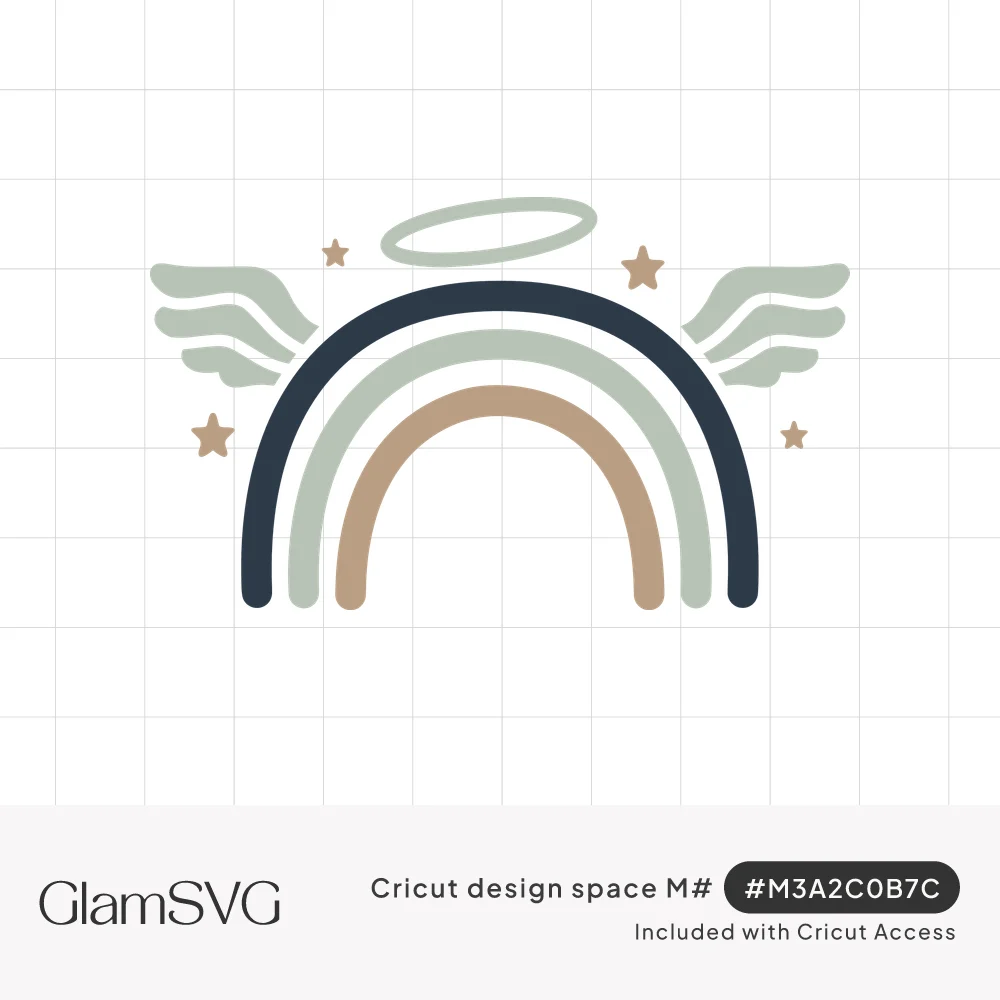 Boho rainbow in navy, sage and tan with angel wings on each side, a halo above and small stars around it