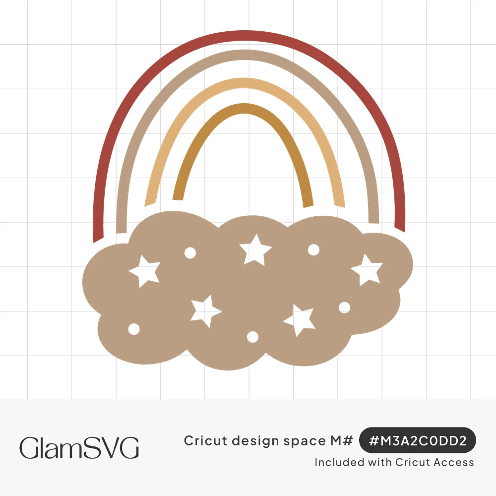 Boho rainbow with rust, tan and mustard arches above a tan cloud decorated with white stars and dots