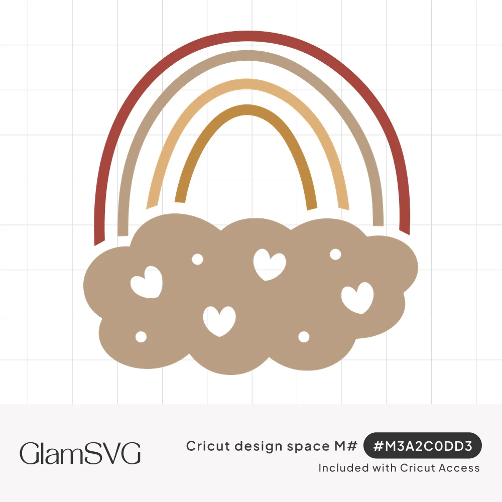 Boho rainbow in rust, tan and mustard arching over a tan cloud with small heart and dot cutouts