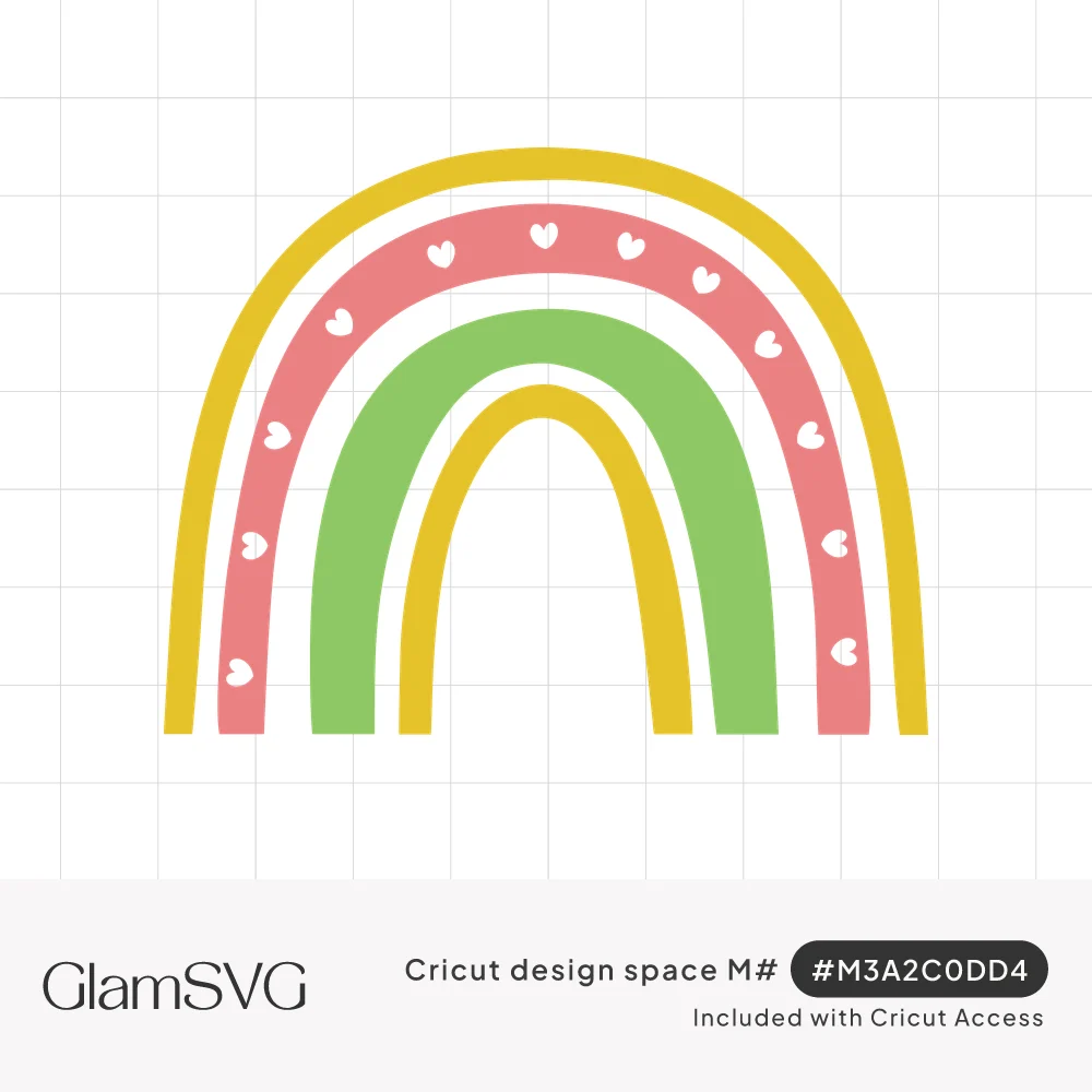 Boho rainbow arch in yellow, coral pink and green stripes with small white hearts along the coral band