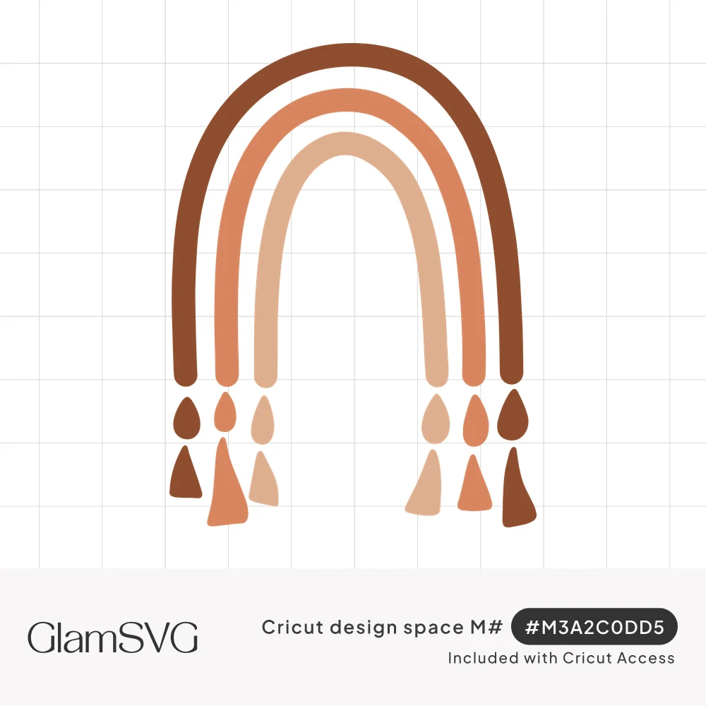 Three-arch boho rainbow in rust, terracotta and peach tones with teardrop and triangle tassels hanging from each end
