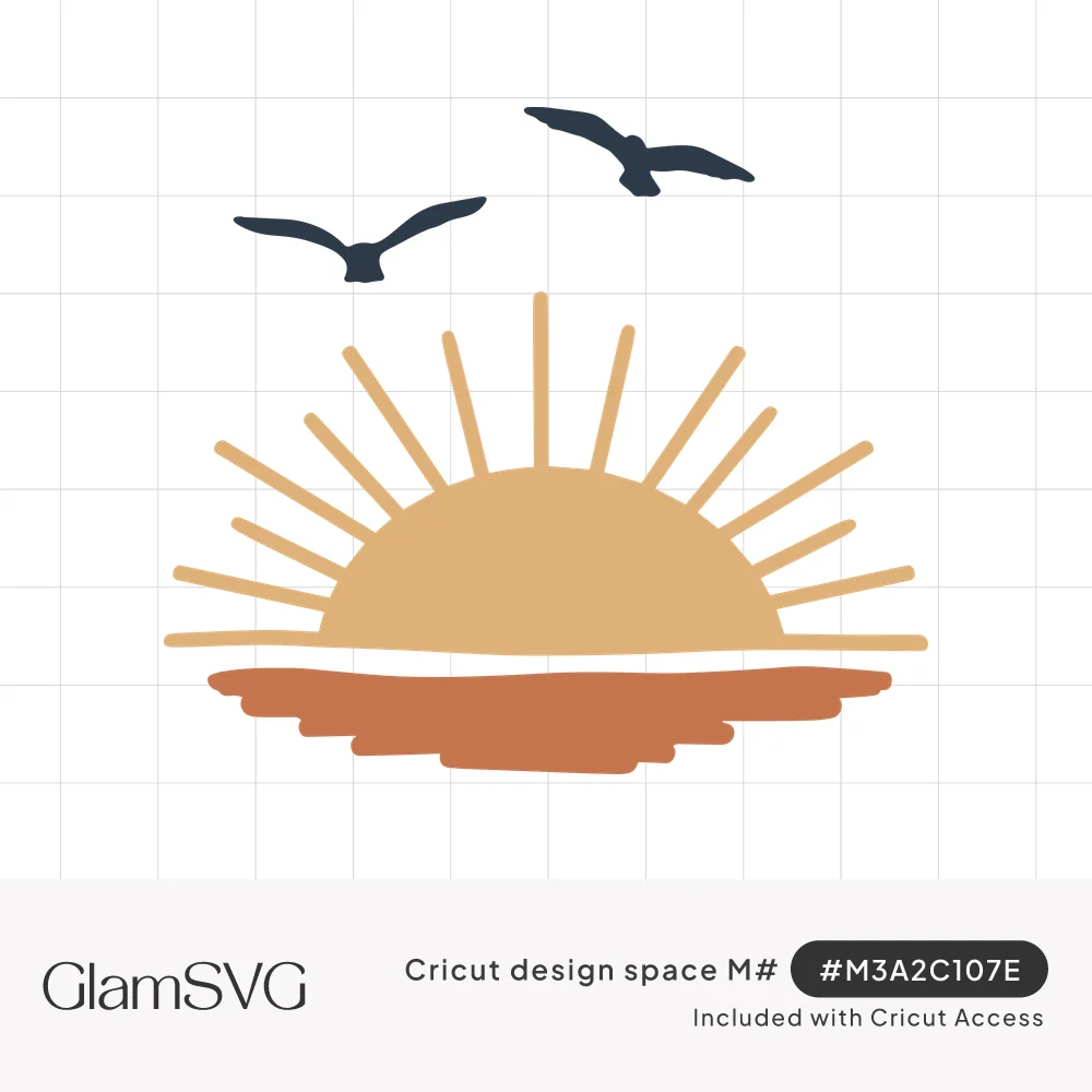 Half sun with long rays setting over rippled terracotta water, with two navy seagulls flying above