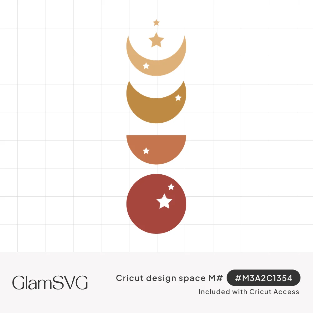 Four vertical moon phases from crescent to full in sand, mustard, terracotta and rust tones with small white stars