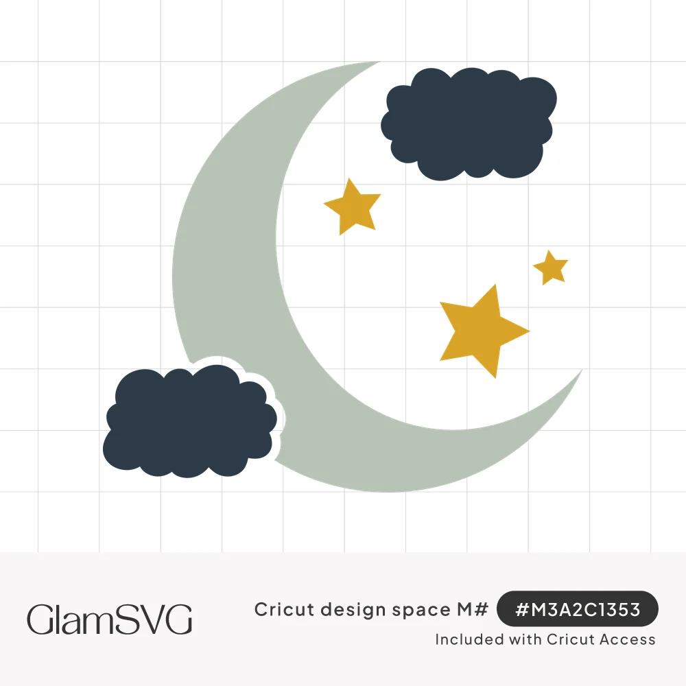 Sage green crescent moon with two dark navy clouds and three gold stars