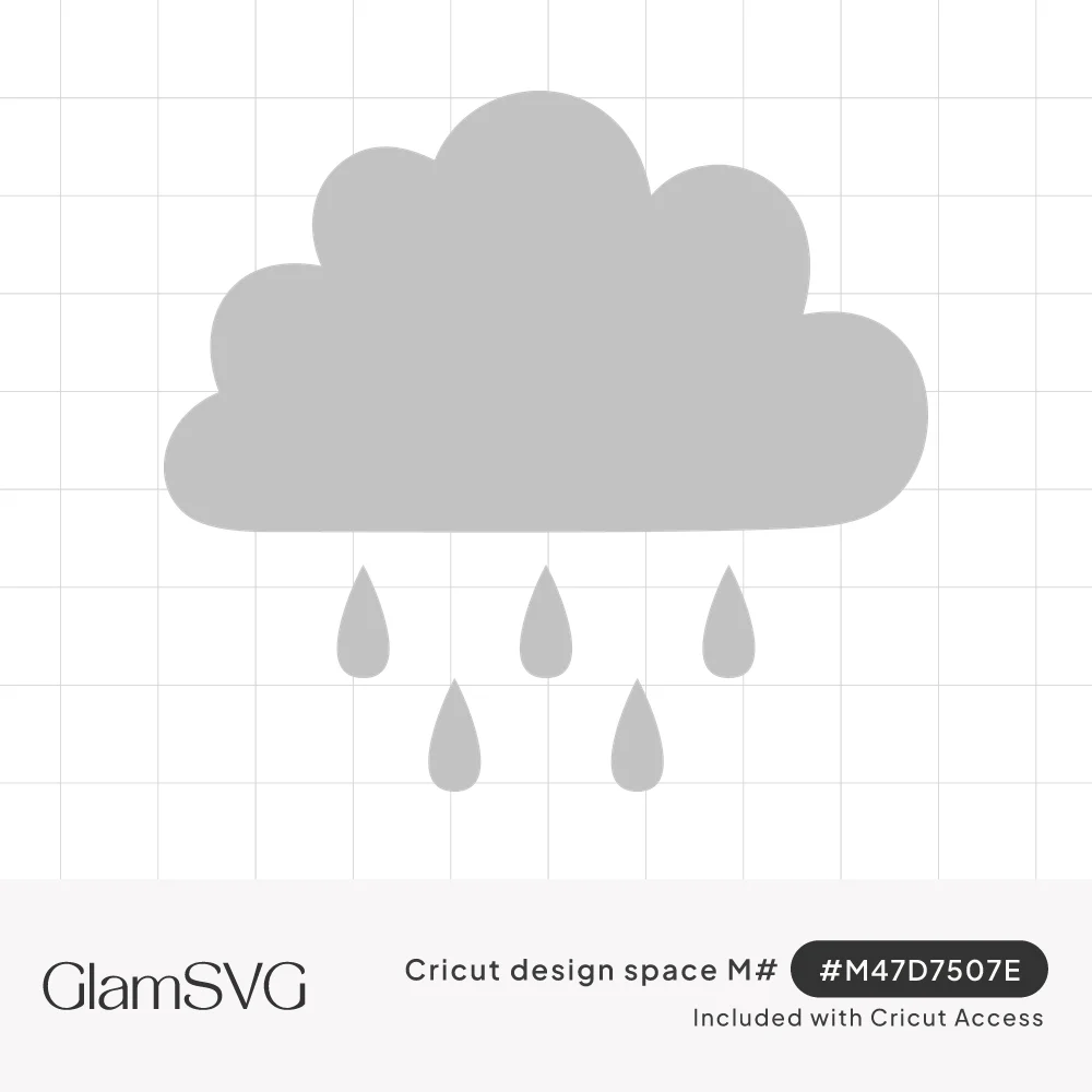 Gray silhouette of a puffy rain cloud with five teardrop-shaped raindrops falling beneath it