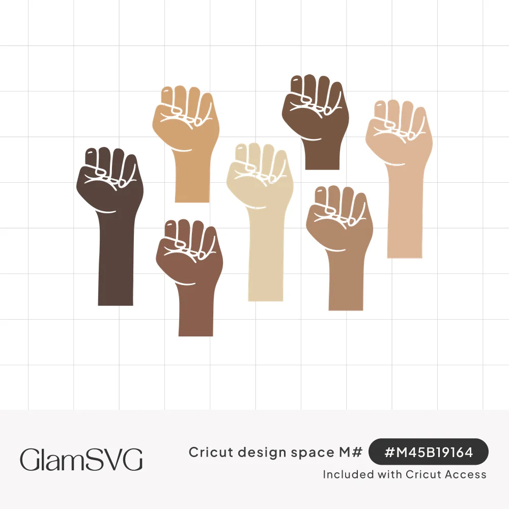 Seven raised fists in varied skin tones from dark brown to light peach, arranged in a loose group