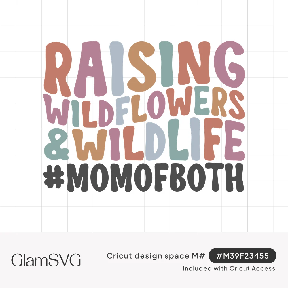 Retro wavy lettering in muted pastel colors reading Raising Wildflowers & Wildlife with #MomOfBoth in dark gray below