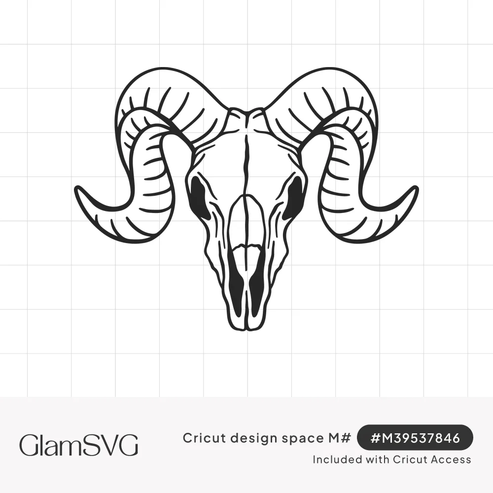 Black line drawing of a front-facing ram skull with large curled, ridged horns and dark hollow eye sockets