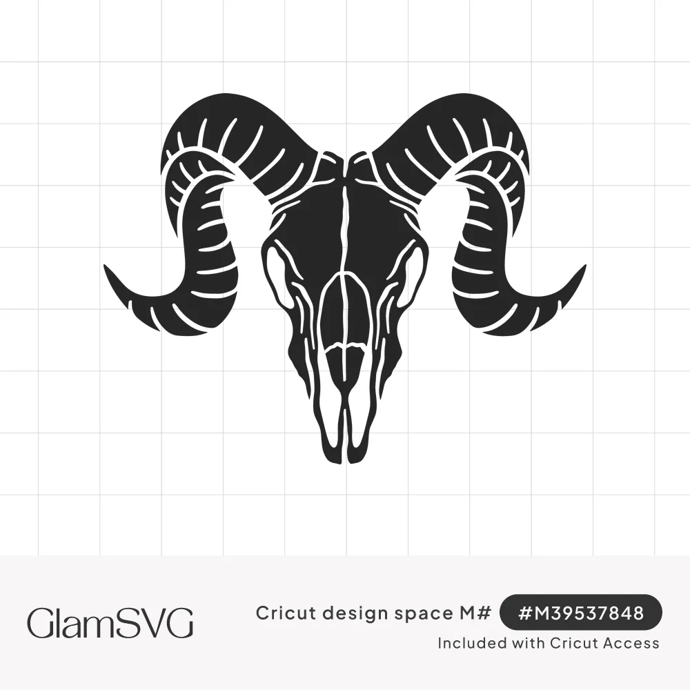 Black silhouette of a ram skull with large curled, ridged horns and carved facial details on a white background