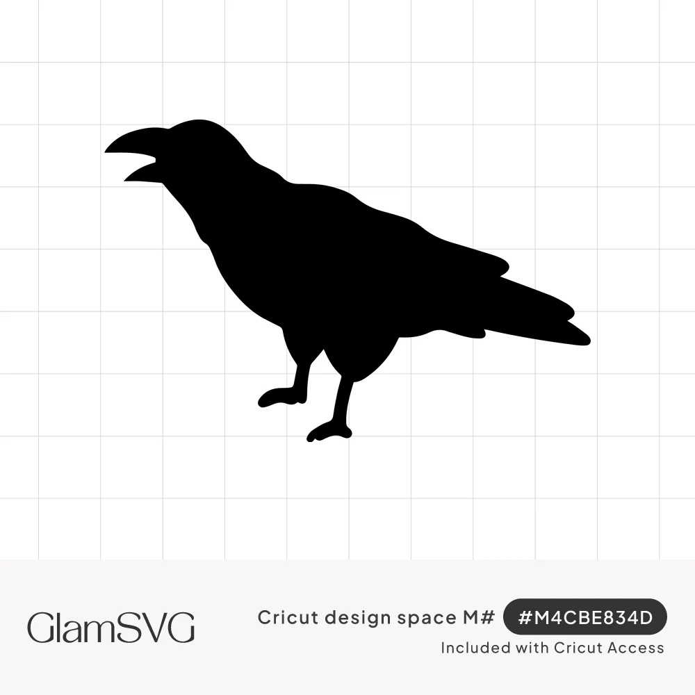 Solid black silhouette of a raven standing in side profile with its beak open