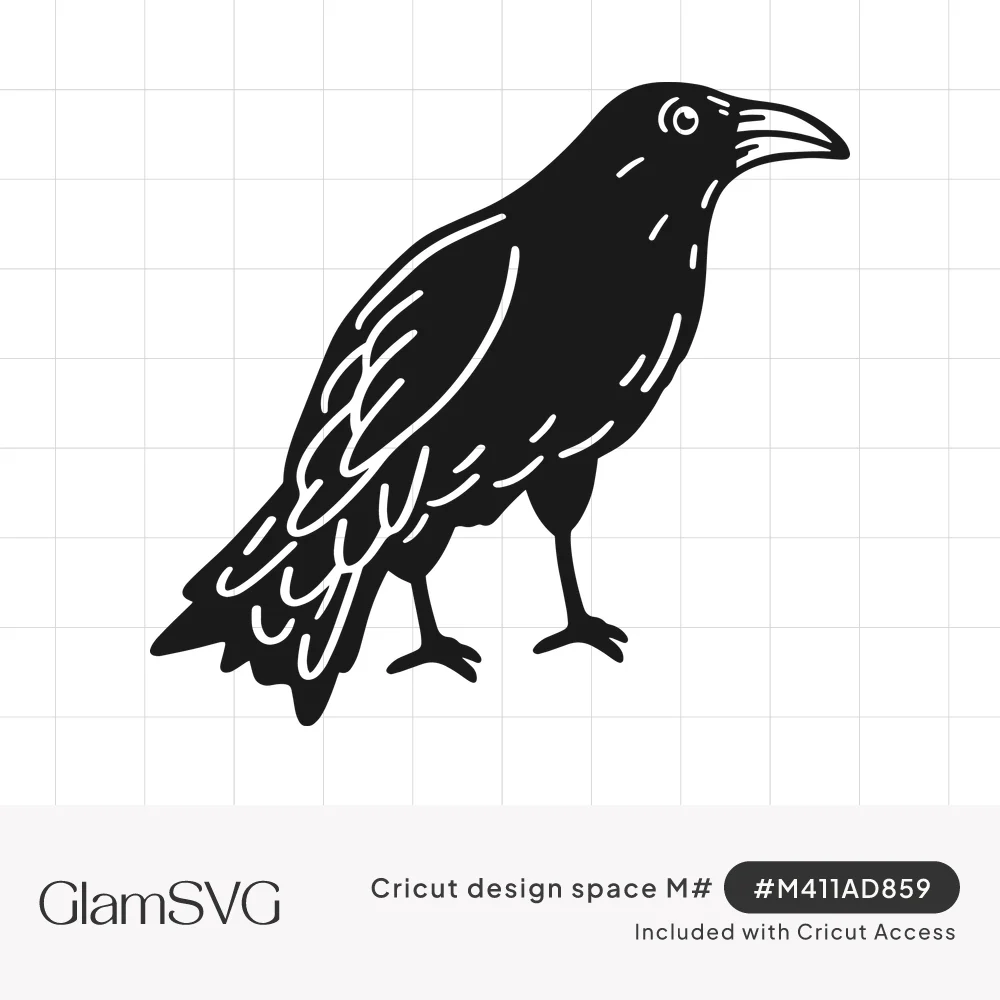 Black raven standing in profile with white carved line details on its feathers, wings and tail