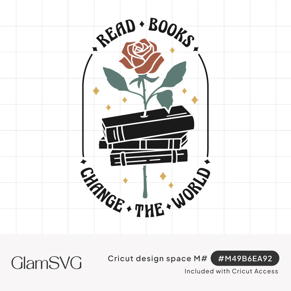 Red rose growing from a stack of black books with gold sparkles, framed by arched text reading Read Books Change the World