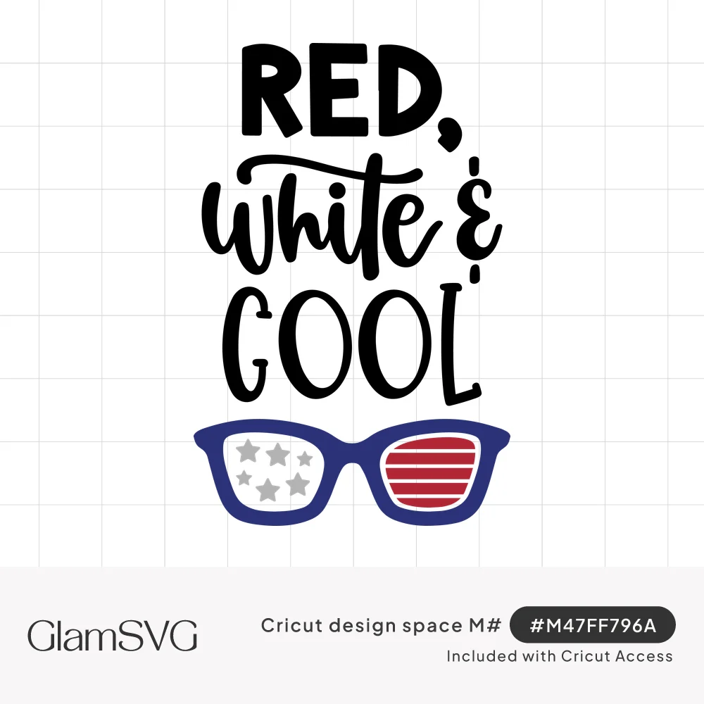Red, White & Cool lettering in mixed fonts above navy sunglasses with star and striped flag lenses