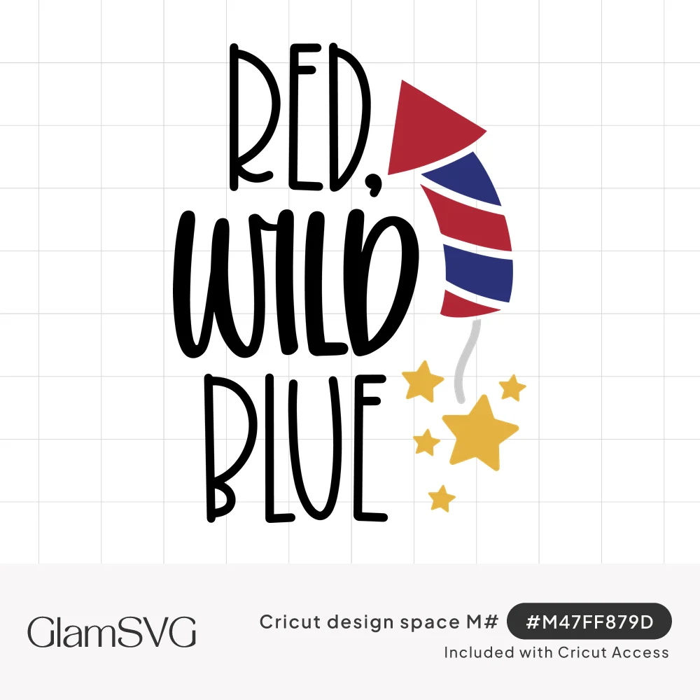 Black lettering reading Red, Wild, Blue beside a red and blue striped firework rocket with yellow stars
