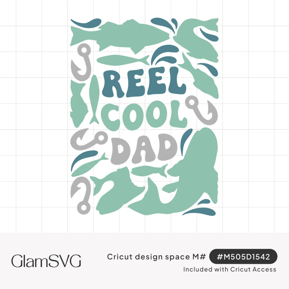 Retro text reading Reel Cool Dad surrounded by teal fish silhouettes, water splashes and gray fishing hooks