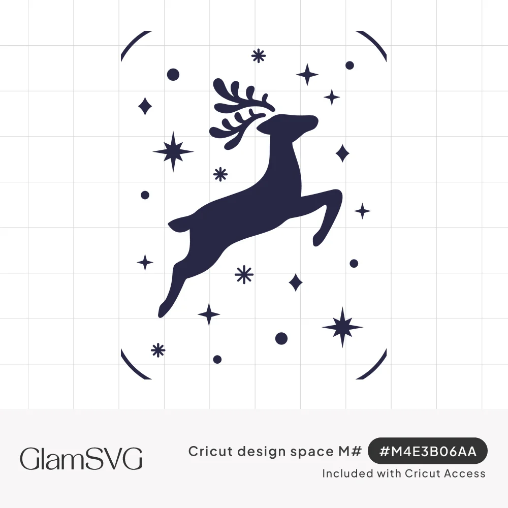 Navy silhouette of a leaping reindeer surrounded by stars, snowflakes, and dots inside a partial oval frame