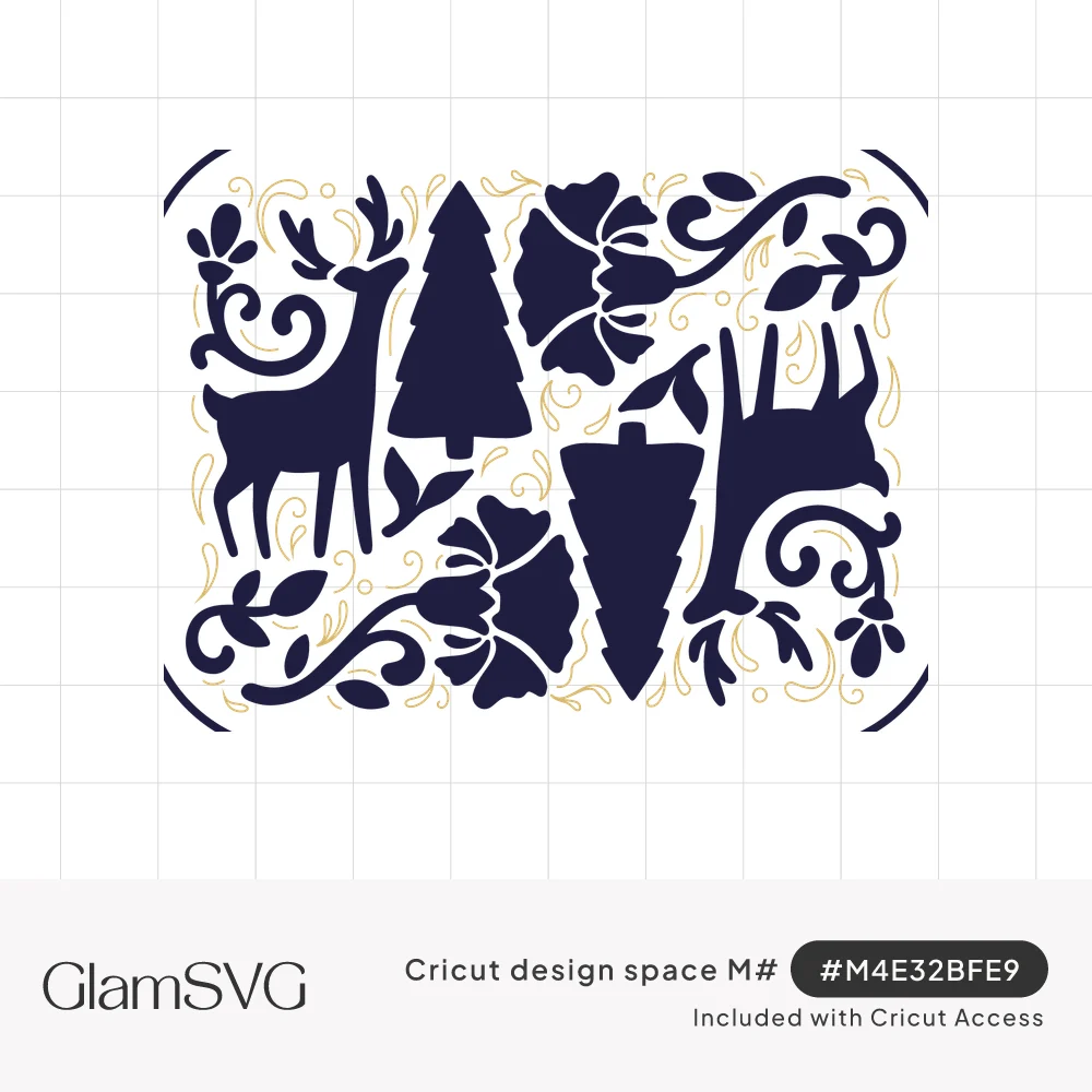 Navy folk-art panel of two mirrored reindeer, pine trees, large flowers and curling vines with thin gold swirls