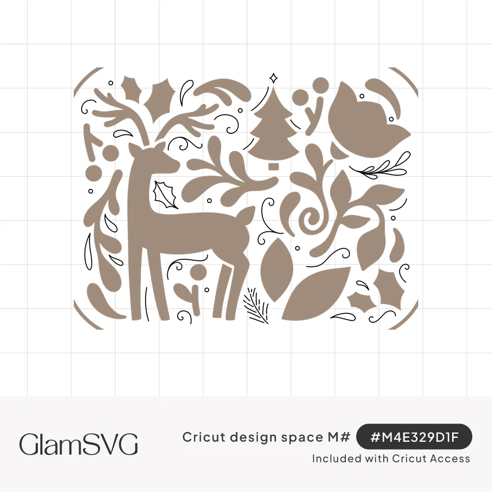 Silhouette reindeer surrounded by holly, berries, a small Christmas tree, a flower and swirling leaves in folk art style