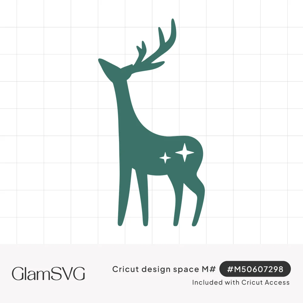 Teal silhouette of a standing reindeer with tall antlers and two small star sparkles cut into its body