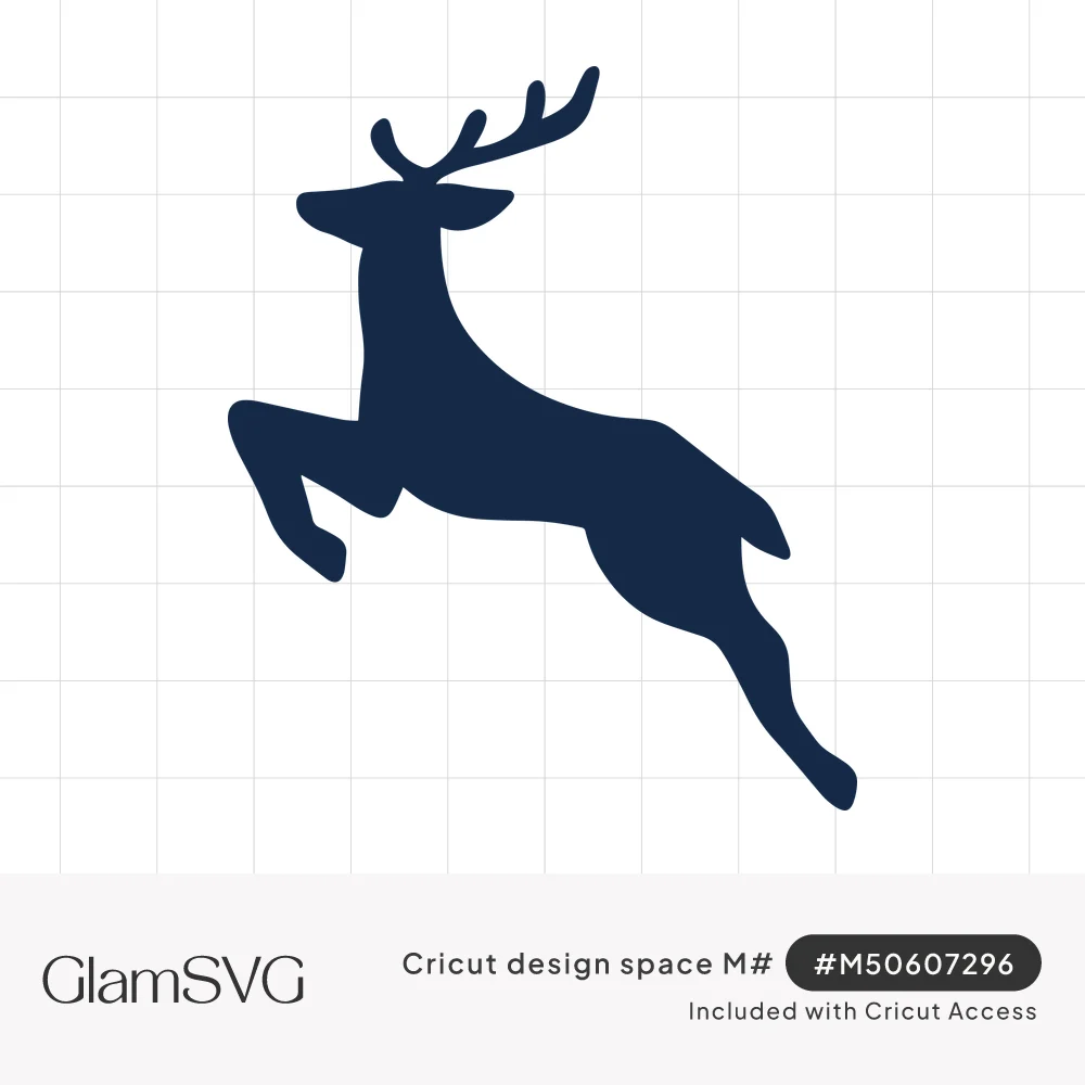 Navy blue silhouette of a reindeer with branching antlers leaping forward with legs stretched out