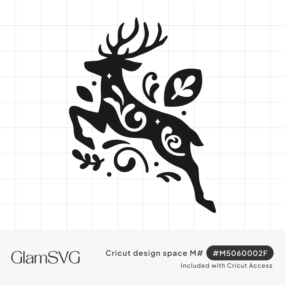 Black silhouette of a leaping reindeer with antlers, filled with folk art swirls and sparkles, surrounded by leaves