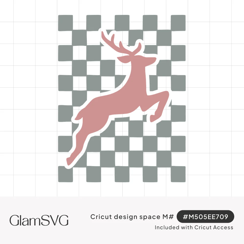 Pink silhouette of a leaping reindeer over a gray and white checkerboard rectangle