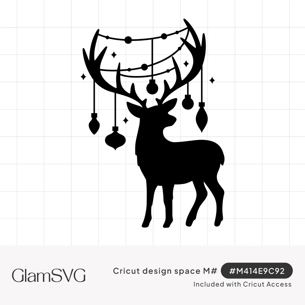 Black silhouette of a standing reindeer with string lights and hanging Christmas ornaments draped across its antlers