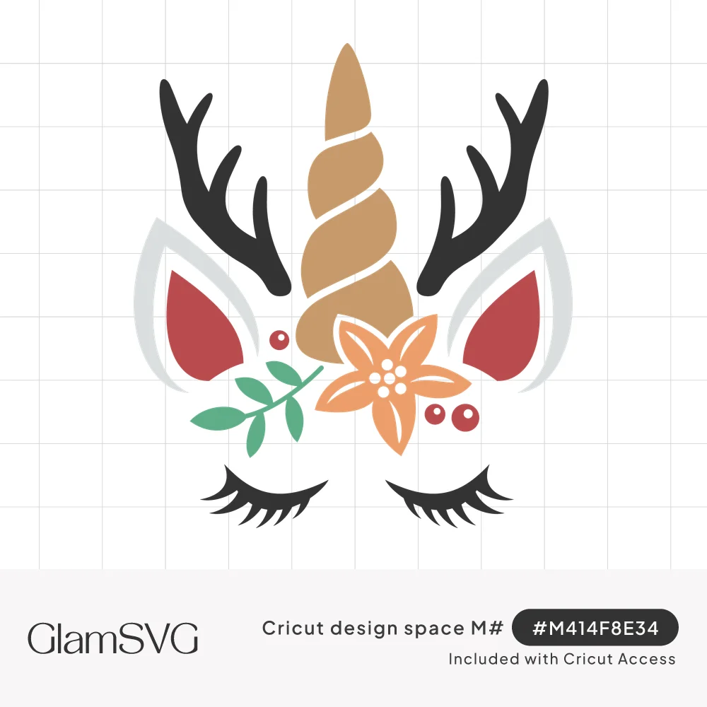 Unicorn face with gold spiral horn, black reindeer antlers, orange poinsettia, red berries, green leaves and closed eyelashes