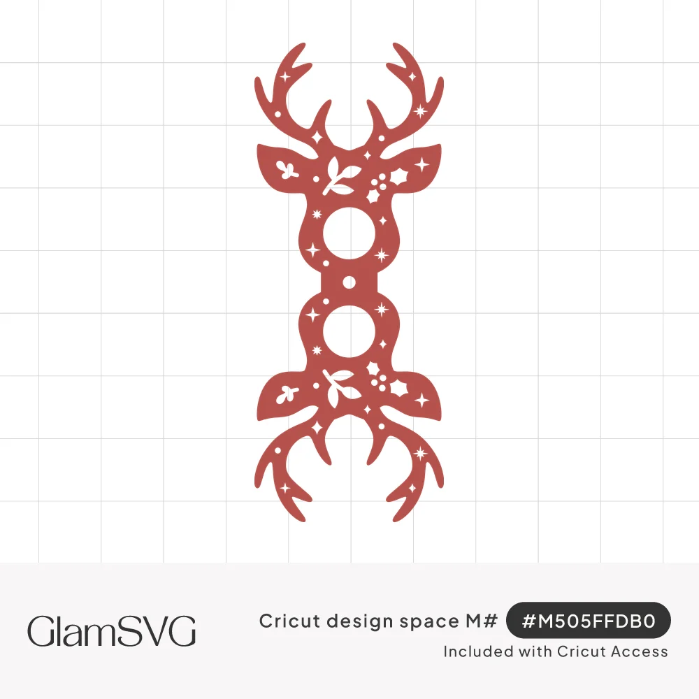Red paper reindeer head lollipop holder mirrored at a fold, with antlers, holly, berries, sparkles and two round openings