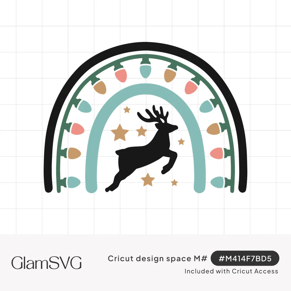 Boho rainbow with Christmas lights in teal, pink and tan arching over a black leaping reindeer and gold stars