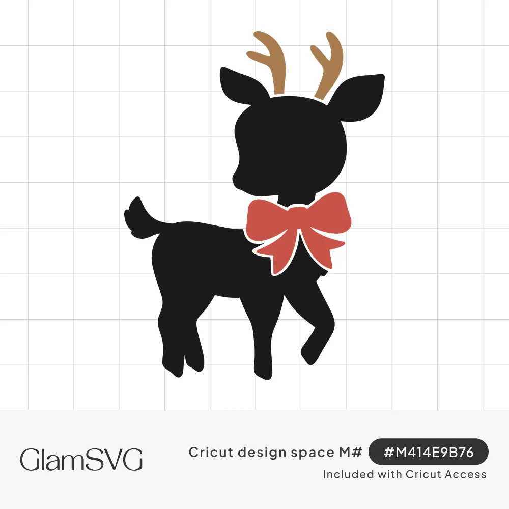 Black silhouette of a baby reindeer with tan antlers and a red bow around its neck, one front hoof raised
