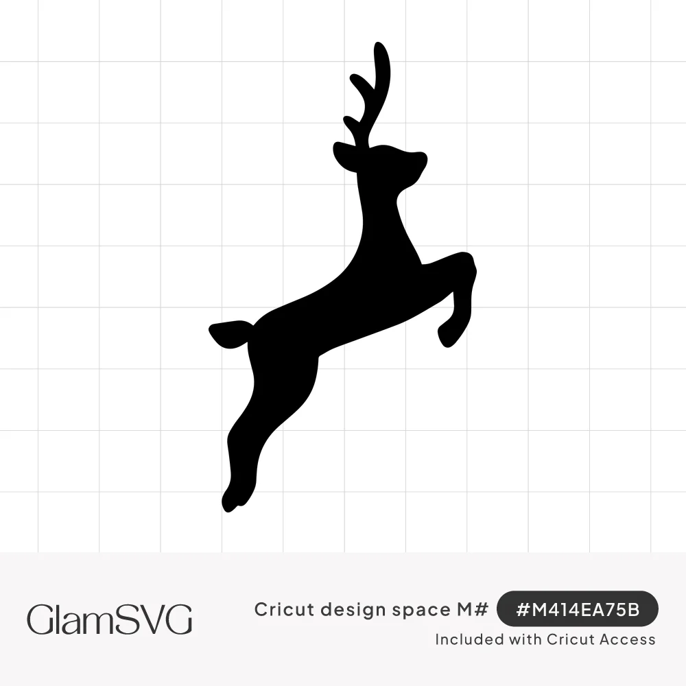 Solid black silhouette of a reindeer leaping upward with antlers raised and legs tucked, on a white background